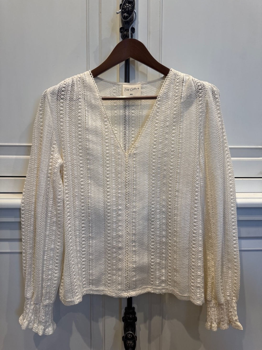 Cream Crochet V-Neck Long Sleeve Blouse - Women